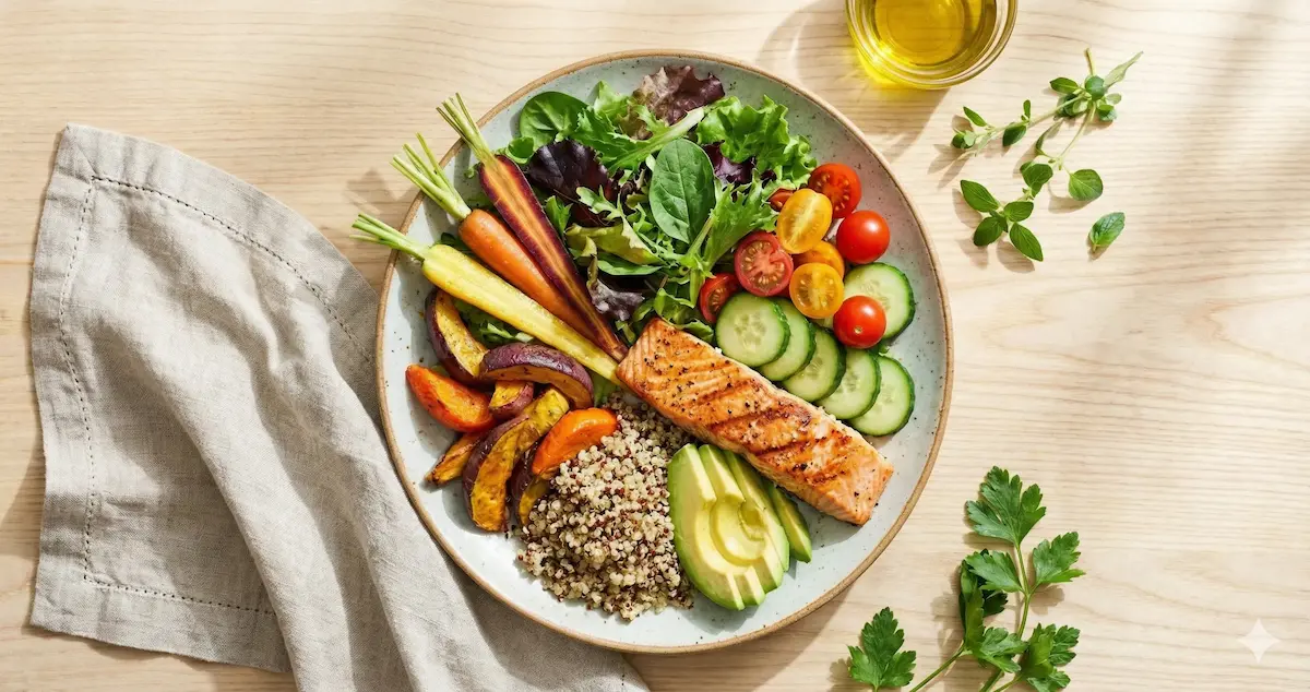 Prato saudável com salada, legumes e proteína