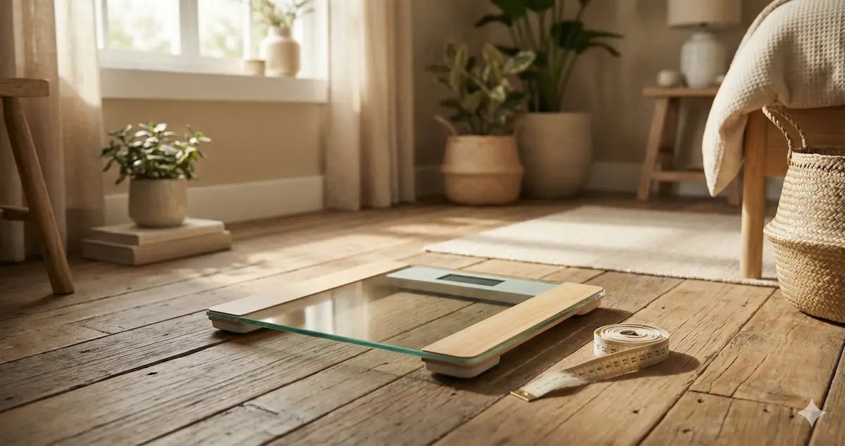 Balança e fita métrica representando manutenção do peso